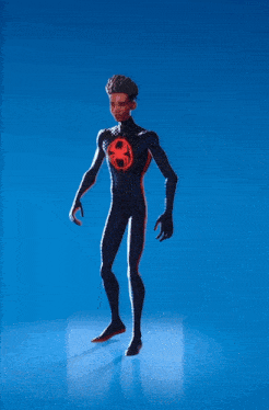 a cartoon character in a black suit with a spider on it