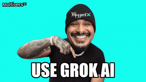 a man wearing a beanie and a black shirt with the words use grok ai