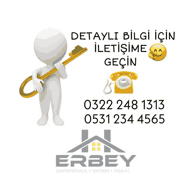 a 3d man holding a gold key next to a yellow telephone and a smiley face