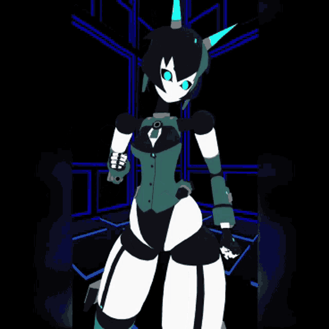a cartoon character with horns and blue eyes is standing in a dark room .