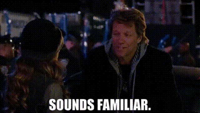 a man is talking to a woman with the words sounds familiar written below him