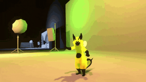 a yellow and black cartoon character is standing in front of a green screen