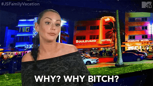 a woman says " why why bitch " in front of a building that says boulevard hotel