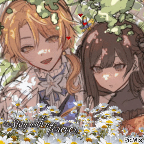a picture of two anime girls with the words stay with me forever written on the bottom