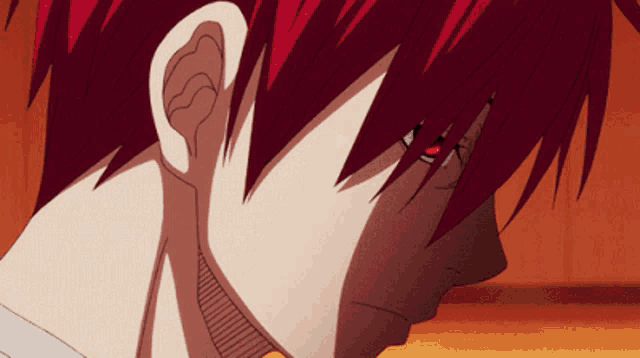 a close up of a red haired anime character with red eyes