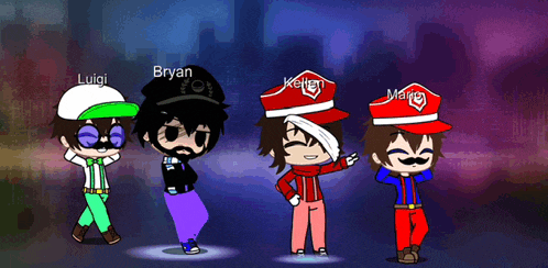 a group of cartoon characters with the names luigi bryan and kellen