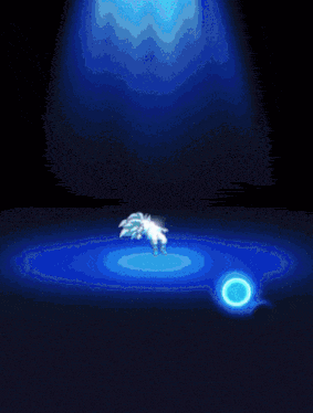 a pixel art of a cartoon character with a blue background