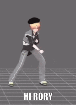 a 3d model of a girl dancing with the words `` hi rory '' written on the bottom .