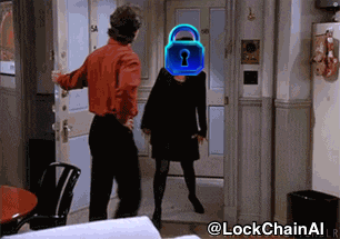 a man is opening a door to a woman with a padlock on her head