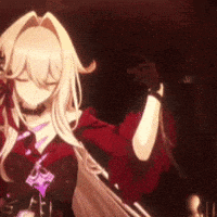 a girl with long blonde hair is standing in a dark room holding a sword .