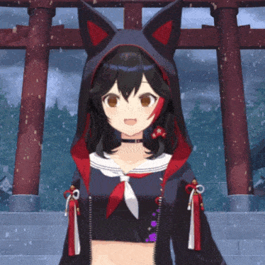 a girl in a black and red outfit with a cat ear hood