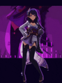 a girl in a purple dress is standing in front of a purple background .