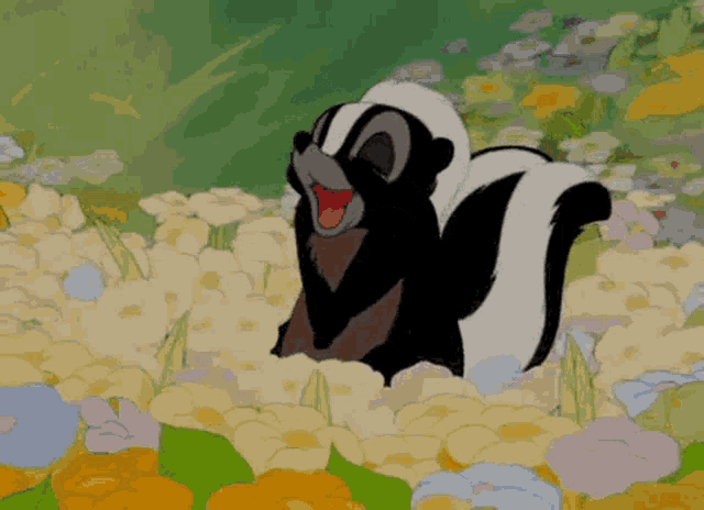 a cartoon skunk is standing in a field of flowers with its mouth open