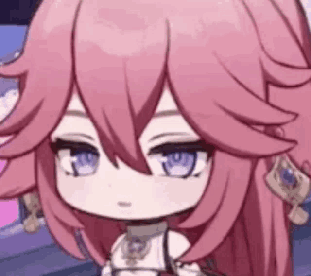 a close up of a pink haired anime girl with blue eyes .
