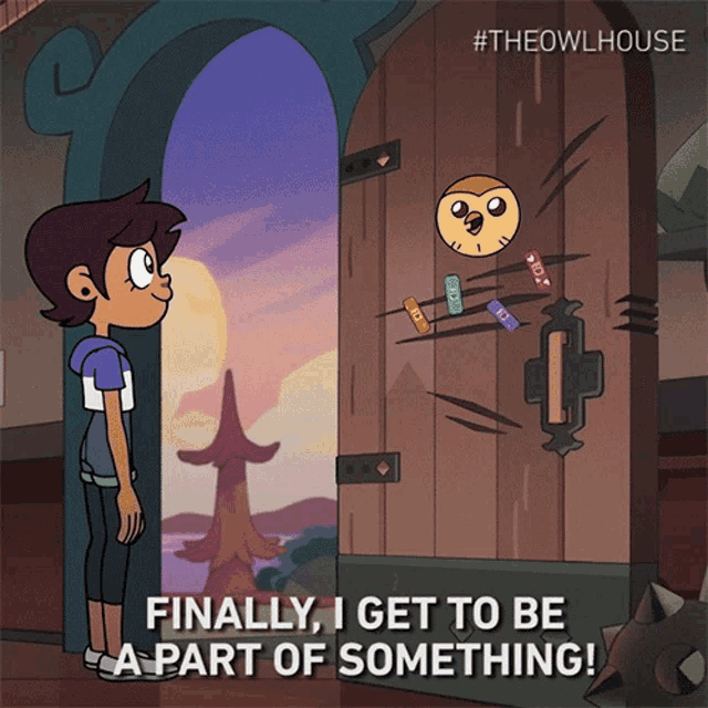 a cartoon of a girl standing in front of a door that says finally i get to be a part of something