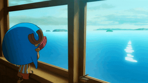 a cartoon character is looking out of a window at the ocean