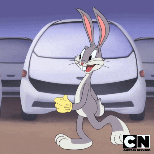 bugs bunny giving a thumbs up in front of a car with the cn logo