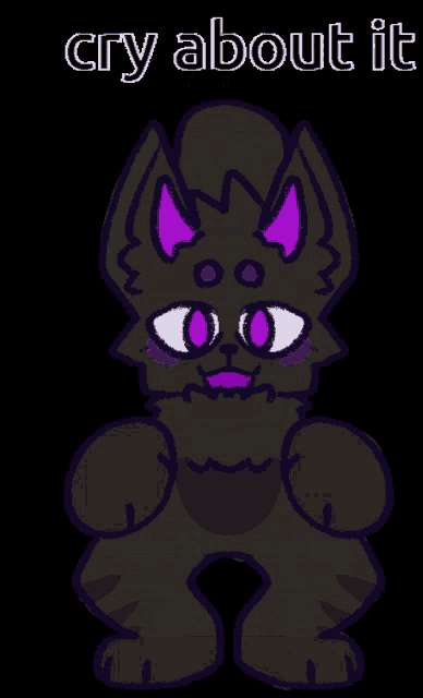 a drawing of a cat with purple horns and the words cry about it