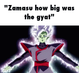 a picture of zamasu from dragon ball z with the words `` zamasu how big was the gyat '' .