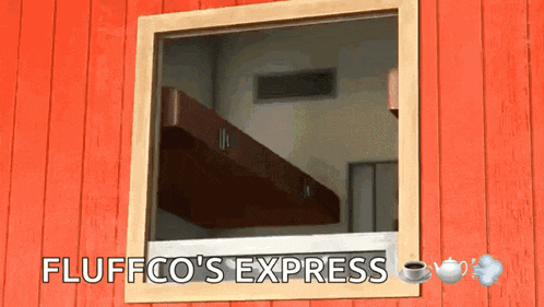 a red wall with a window that says fluffco 's express on it