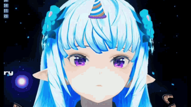 a girl with blue hair and purple eyes has a unicorn horn in her hair