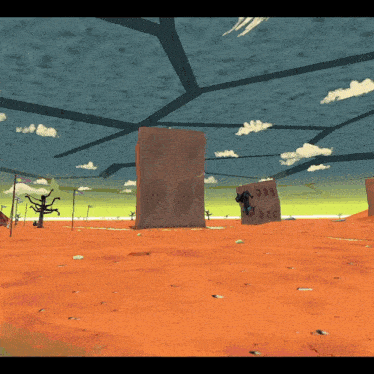 a cartoon drawing of a desert with a few buildings