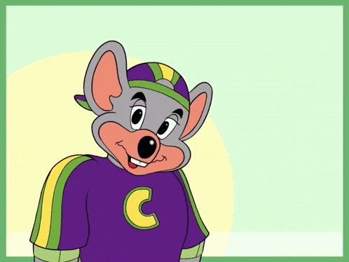 chuck e cheese is wearing a purple shirt with a yellow and green c on it