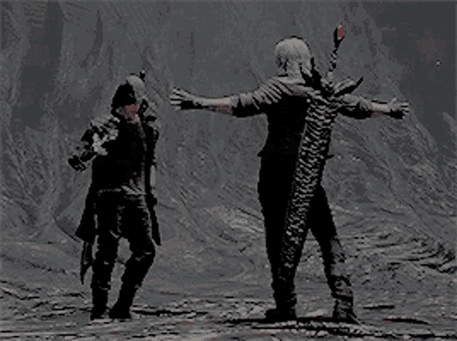 a man with a sword is dancing with another man
