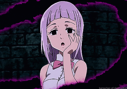 a girl with purple hair and a bow tie is standing in front of a brick wall .