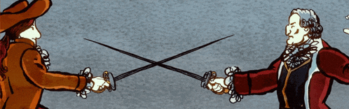 a cartoon of two men fighting with swords