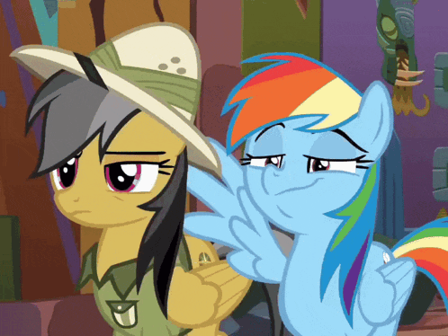 a cartoon pony giving a peace sign with another pony