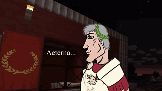 a cartoon of a man with a laurel wreath on his head and the words aeterna victrix on the bottom