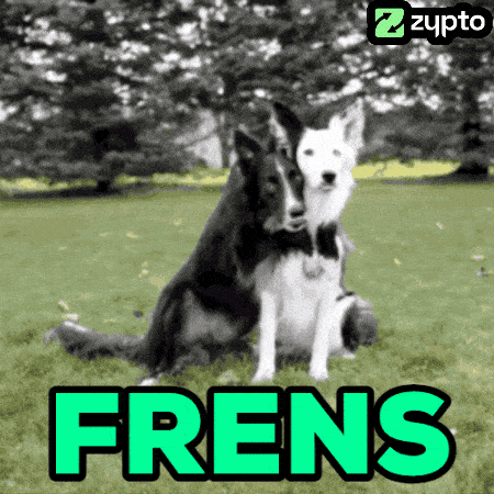 a black and white photo of two dogs with the word frens in green
