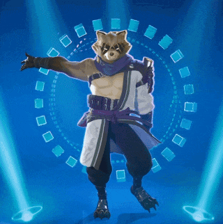 a raccoon in a purple and white outfit is dancing on a blue background