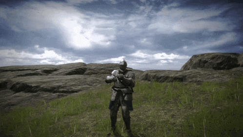 a man in armor is standing in a field