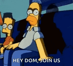 homer simpson is sitting on a couch with bart simpson and says hey dom , join us .