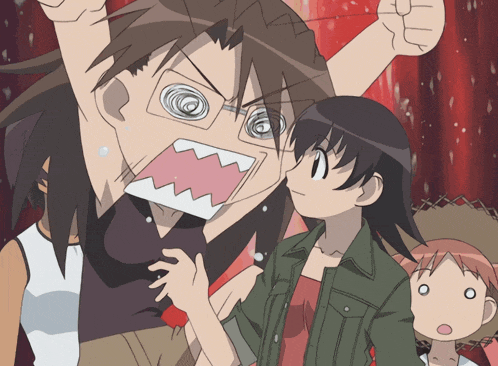 a group of anime characters including a man with glasses and a girl with a surprised look on her face