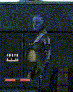 a woman with a blue face is standing in front of a machine