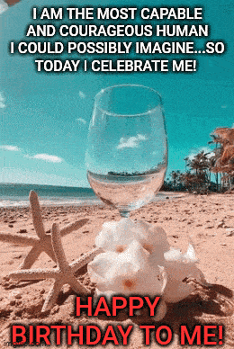 a birthday card with a glass of wine on the beach