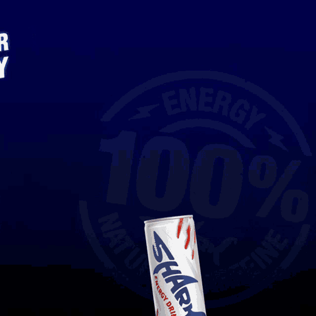 a can of shark energy drink is surrounded by water splashes