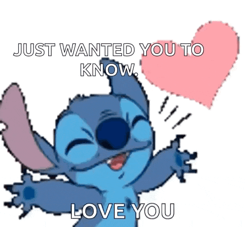 stitch from lilo and stitch is holding a pink heart and saying just wanted you to know love you