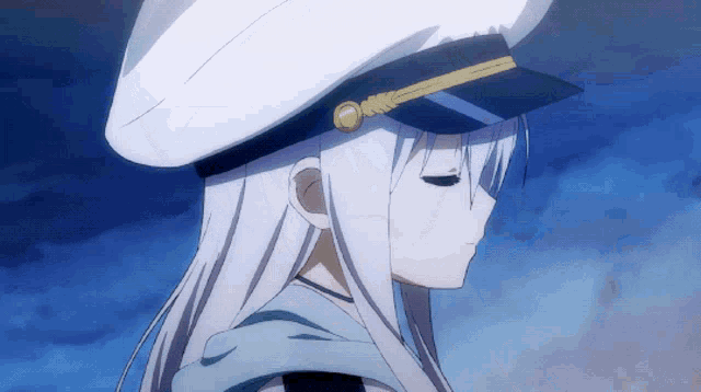a girl with long white hair is wearing a white hat with a gold buckle