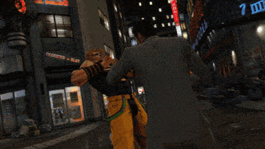 a video game scene with a smill burger in the background