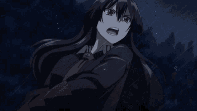 a girl with long black hair holding a sword