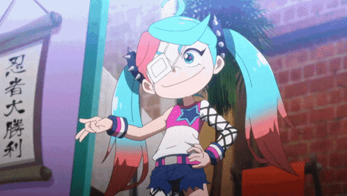 a cartoon character with chinese writing on a sign