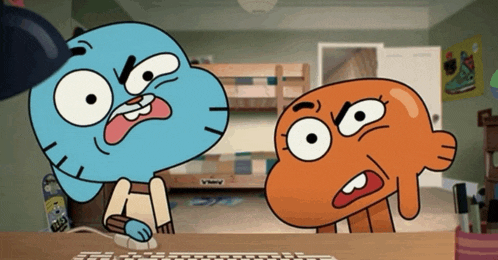 gumball and darwin from the amazing world of gumball sitting at a desk