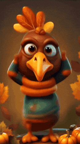 a cartoon turkey wearing a blue sweater is standing in front of pumpkins
