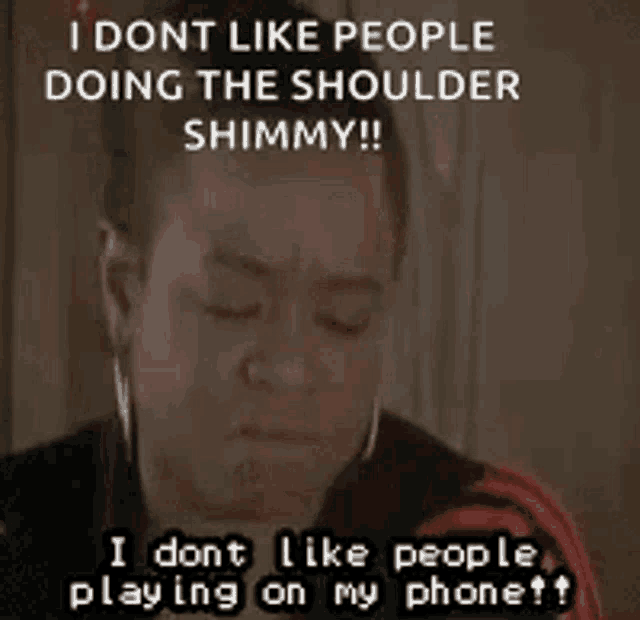 a woman wearing hoop earrings says i dont like people doing the shoulder shimmy !
