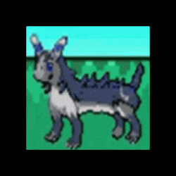 a cartoon drawing of a dog with blue ears standing in a field