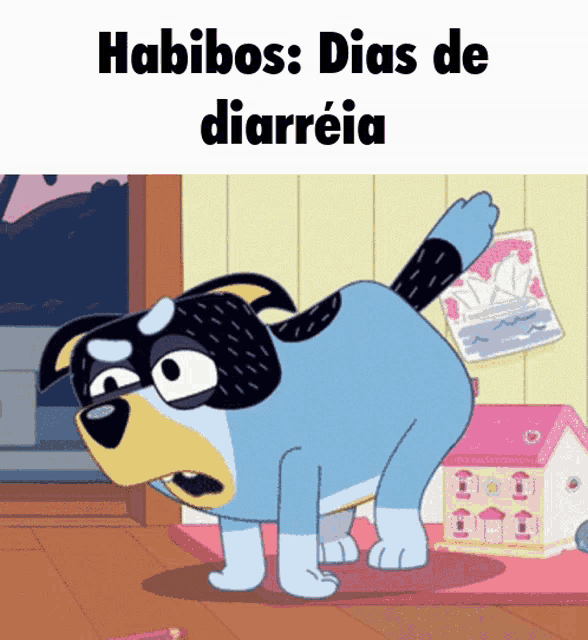 a cartoon of a blue and black dog with the words " haribos dias de diarreia " above it